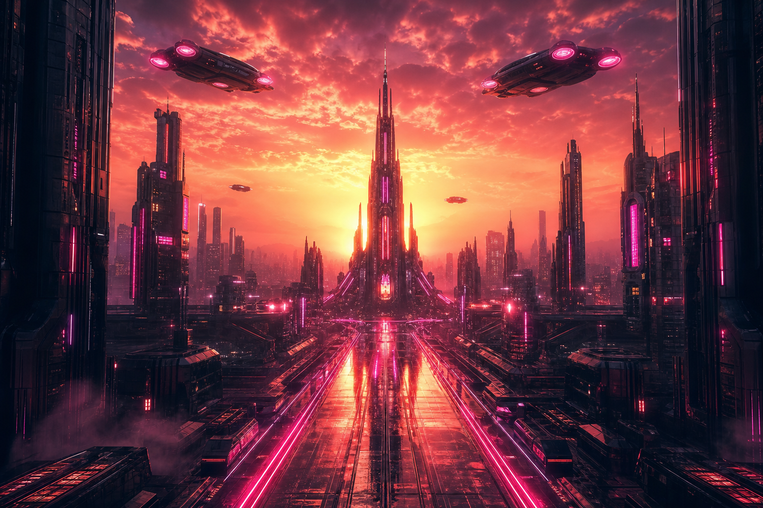 Flying Cars Above Neon Downtown Cyberpunk Wallpaper  13 4K