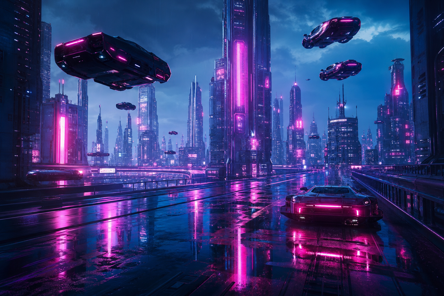 Flying Cars Above Neon Downtown Cyberpunk Wallpaper  13 4K
