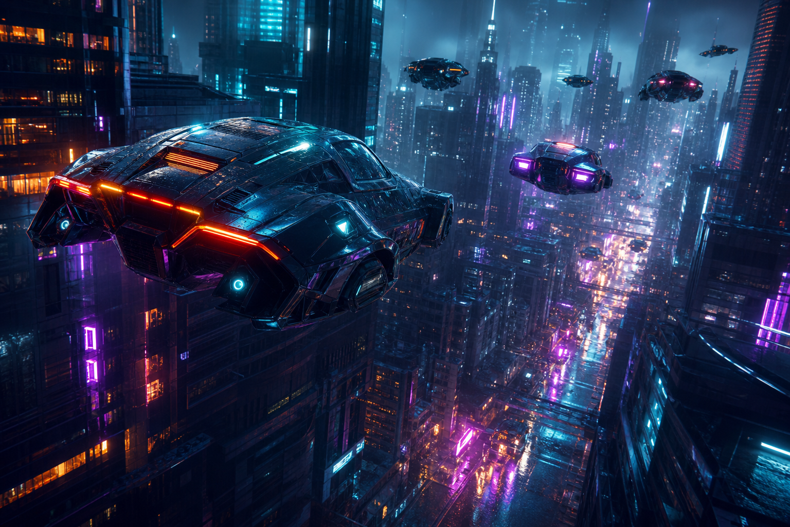 Flying Cars Above Neon Downtown Cyberpunk Wallpaper 13 4K 11 4K Cyberpunk Wallpaper