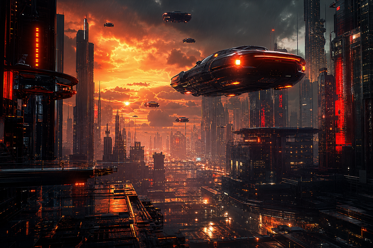 Flying Cars Above Neon Downtown Cyberpunk Wallpaper  13 4K