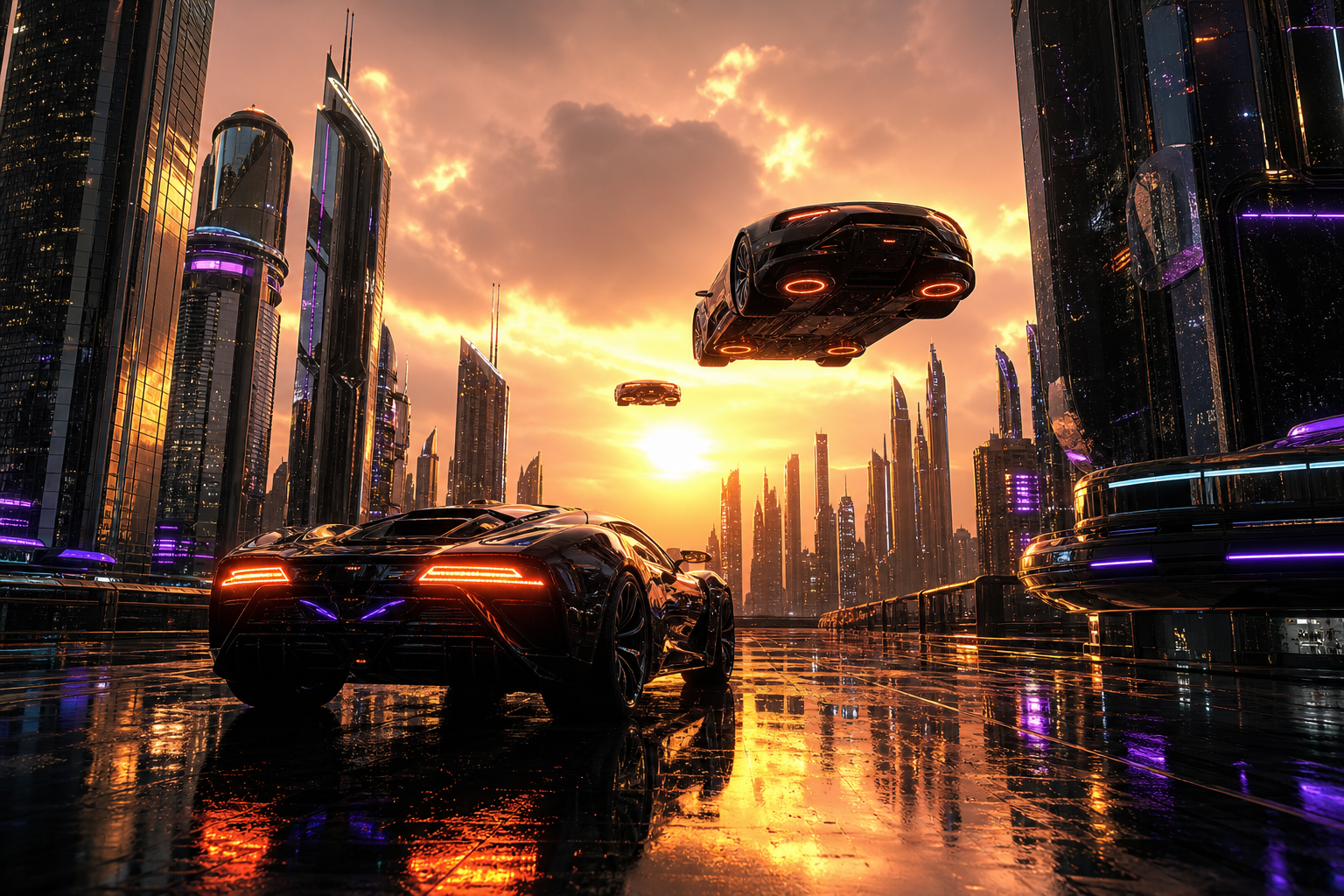 Flying Cars Above Neon Downtown Cyberpunk Wallpaper  13 4K