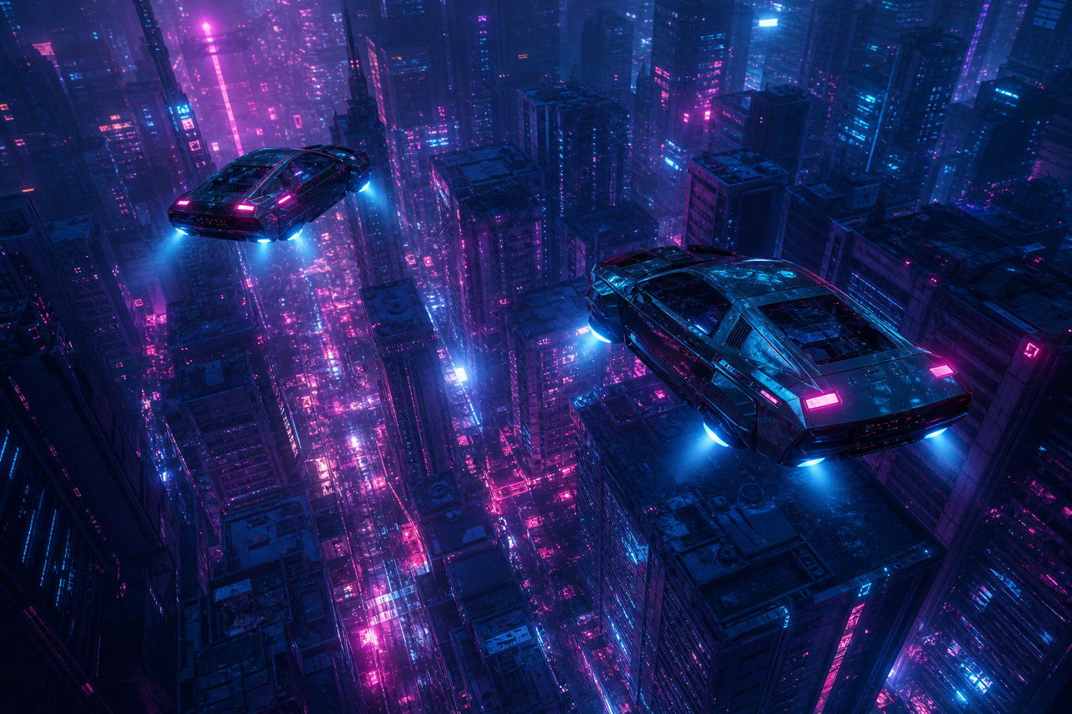 Flying Cars Above Neon Downtown Cyberpunk Wallpaper  13 4K
