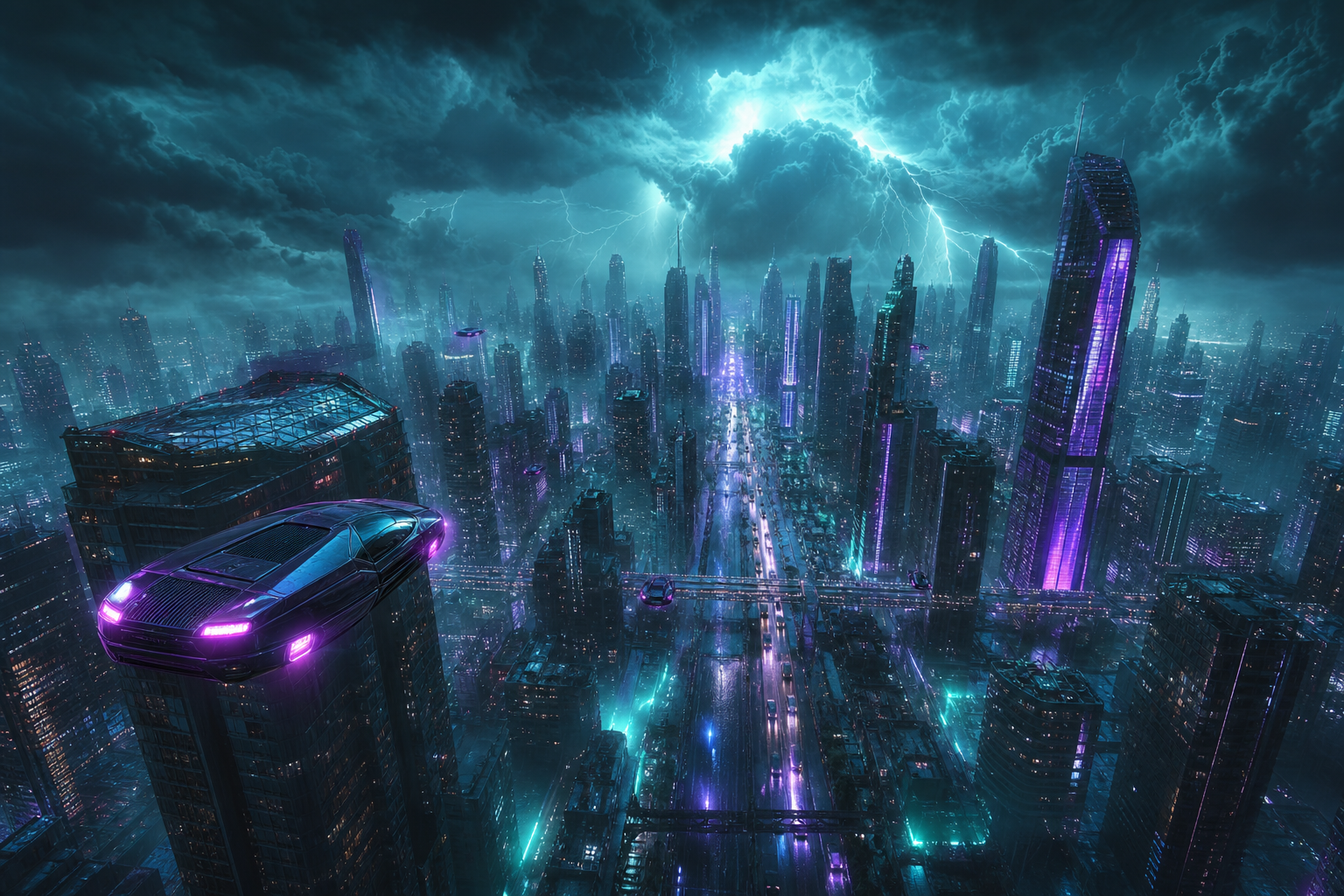 Flying Cars Above Neon Downtown Cyberpunk Wallpaper  13 4K