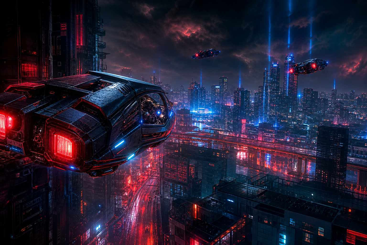 Flying Cars Above Neon Downtown Cyberpunk Wallpaper  13 4K