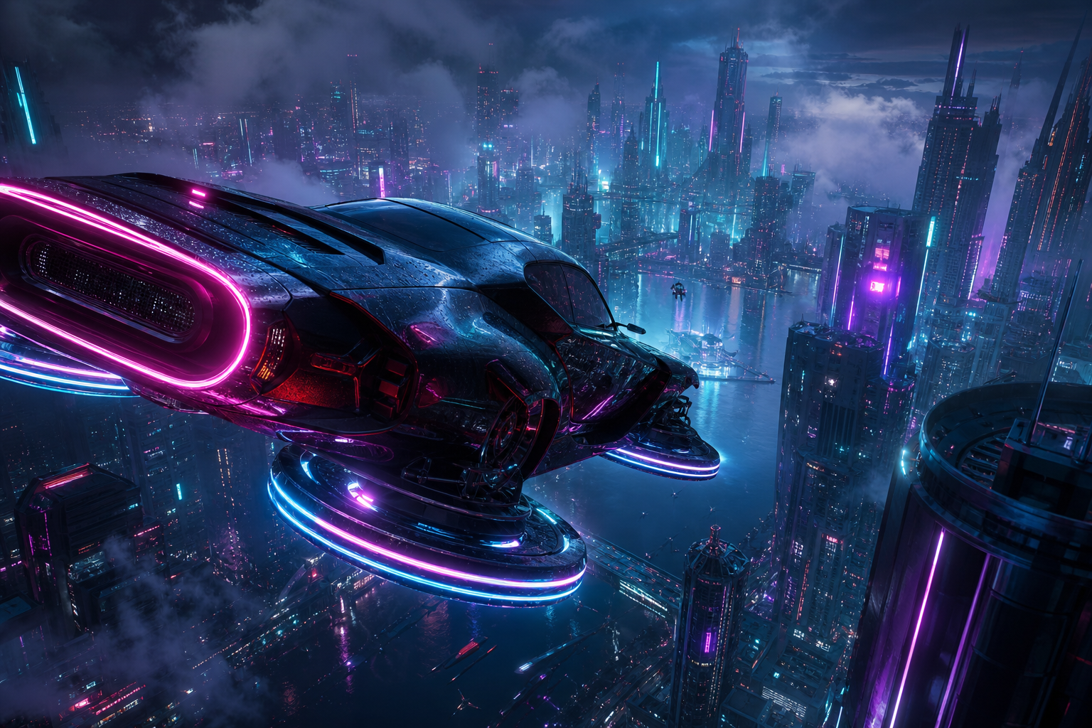 Flying Cars Above Neon Downtown Cyberpunk Wallpaper  13 4K