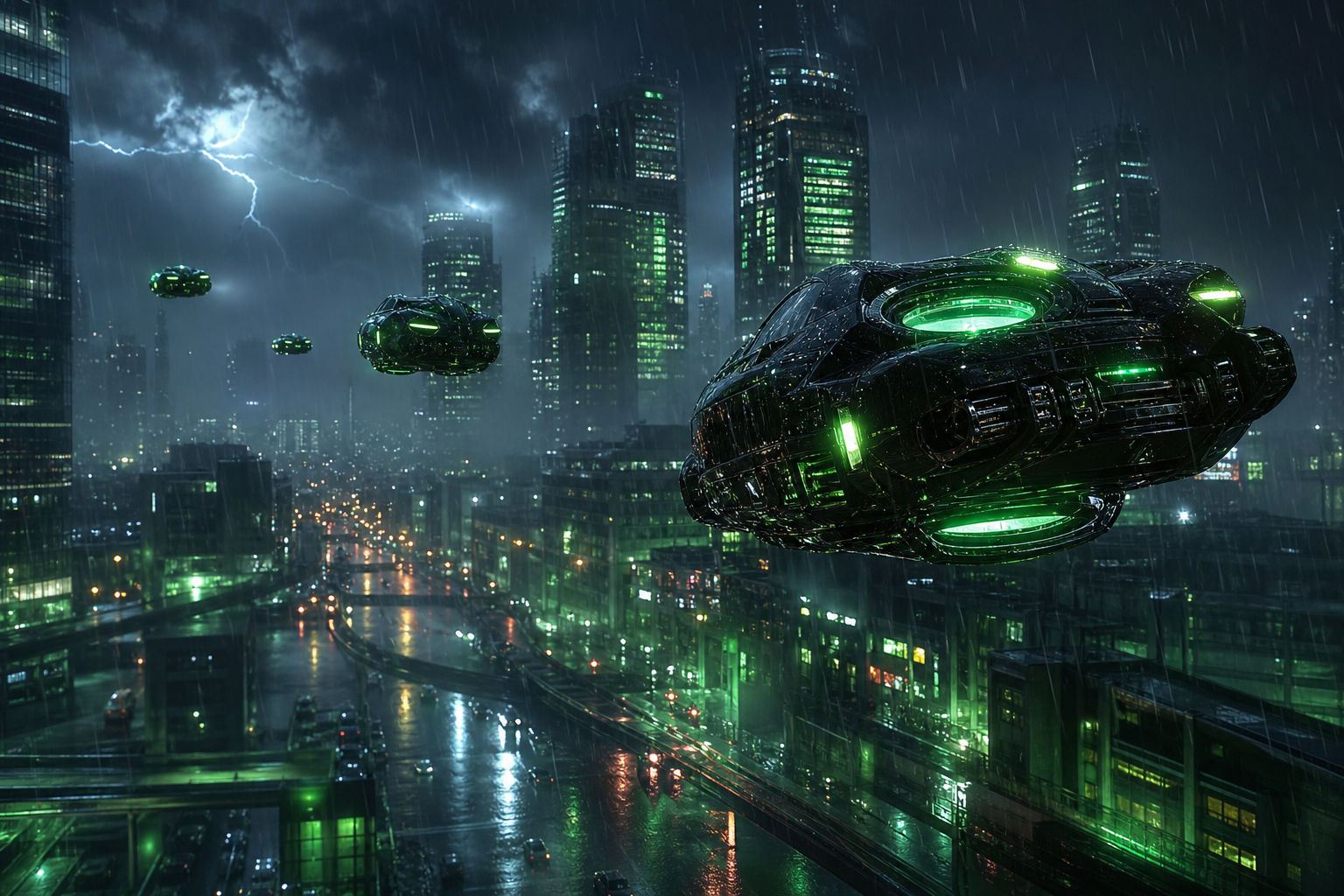 Flying Cars Above Neon Downtown Cyberpunk Wallpaper  13 4K