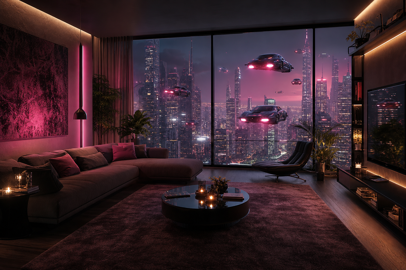 Flying Cars Above Neon Downtown Living-Room-Design Wallpaper  29 4K