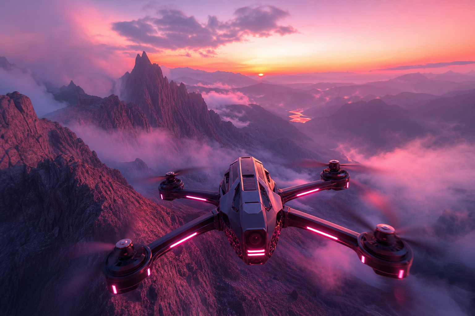 Fpv Drone Flying Above Mountains At Sunset Drone Wallpaper  1 4K