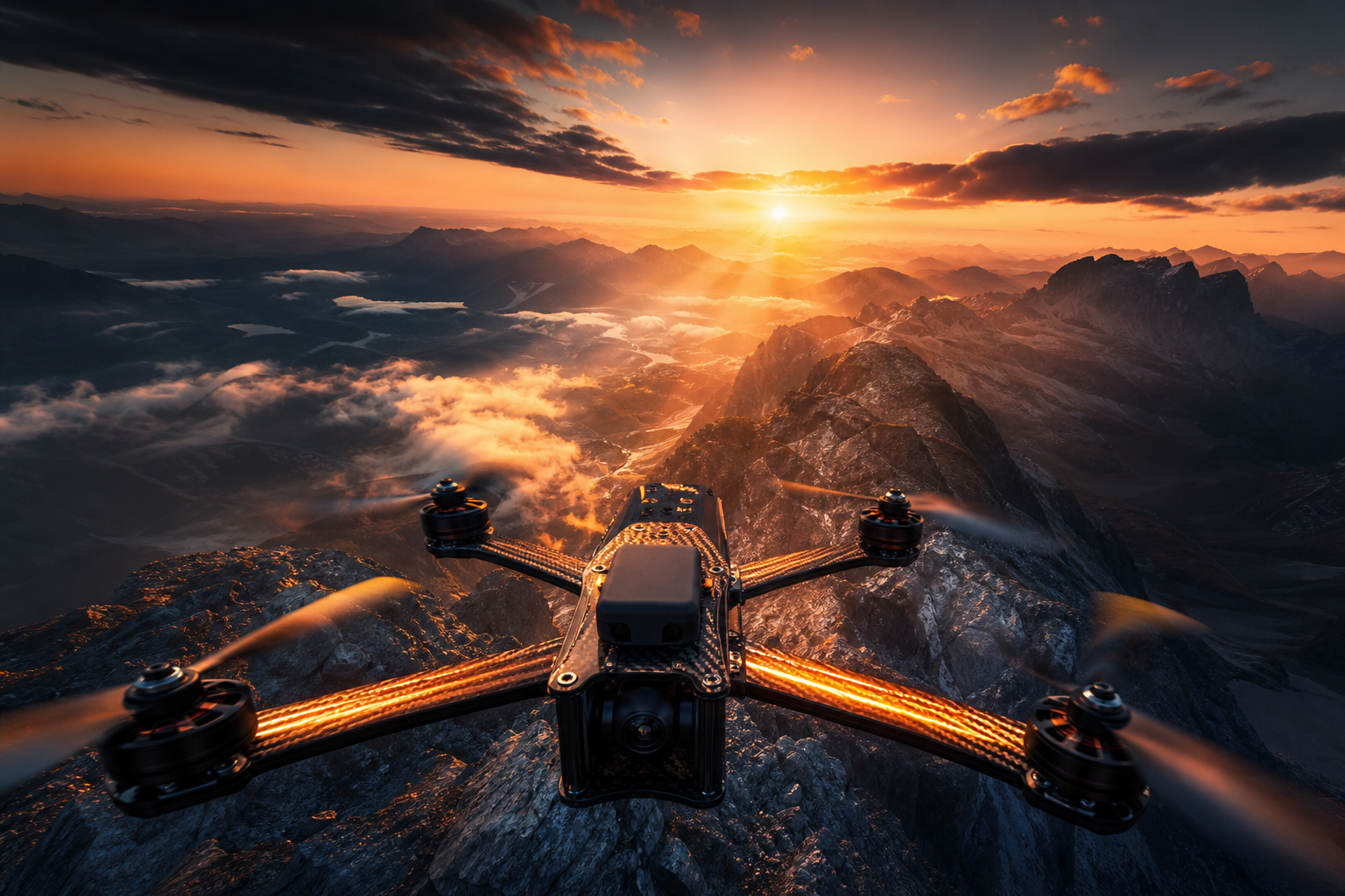 Fpv Drone Flying Above Mountains At Sunset Drone Wallpaper  1 4K