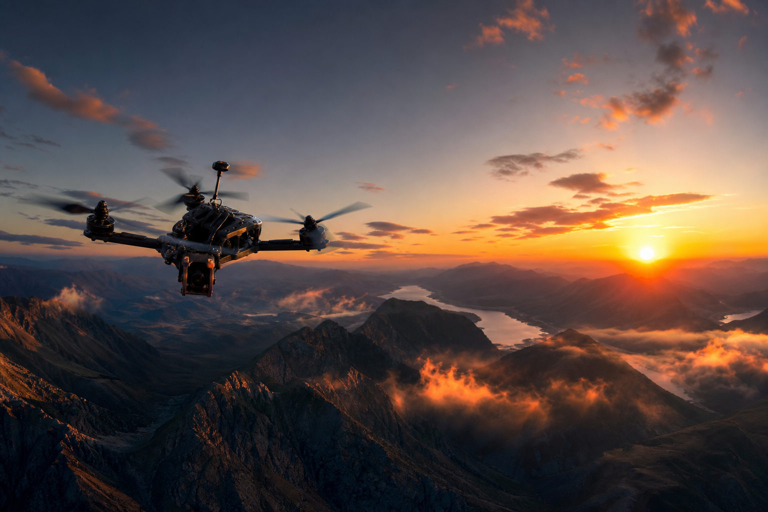 Fpv Drone Flying Above Mountains At Sunset Drone Wallpaper  1 4K
