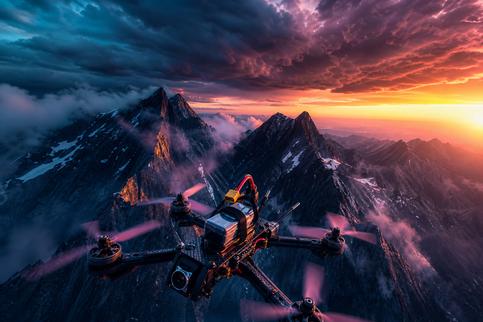 Fpv Drone Flying Above Mountains At Sunset Drone Wallpaper  1 4K