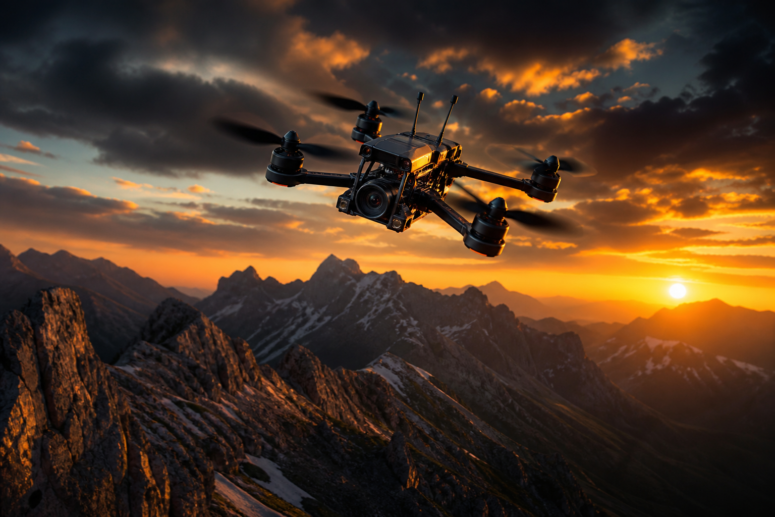 Fpv Drone Flying Above Mountains At Sunset Drone Wallpaper  1 4K