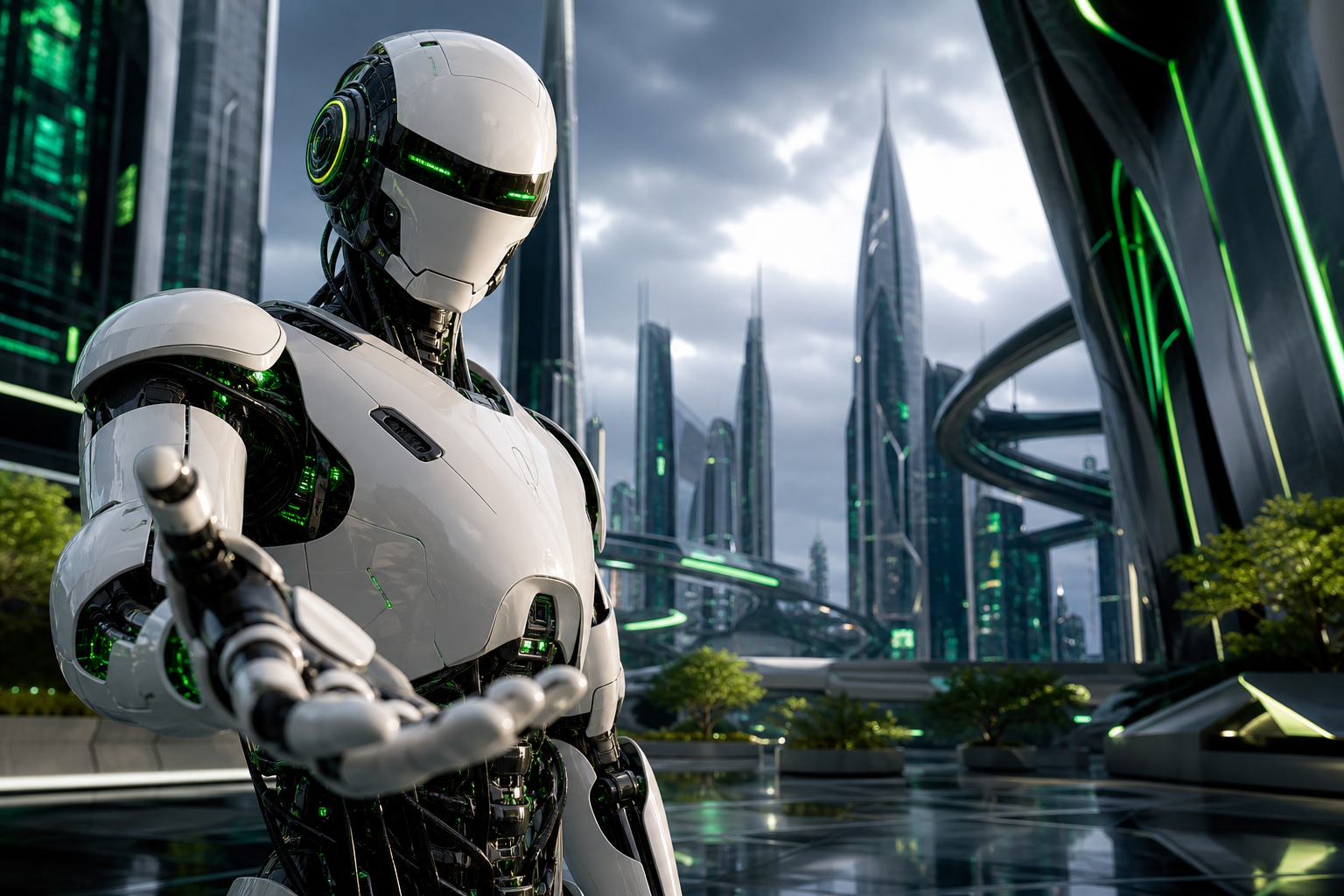 Friendly Humanoid Robot In Futuristic City Robots Wallpaper  1 4K