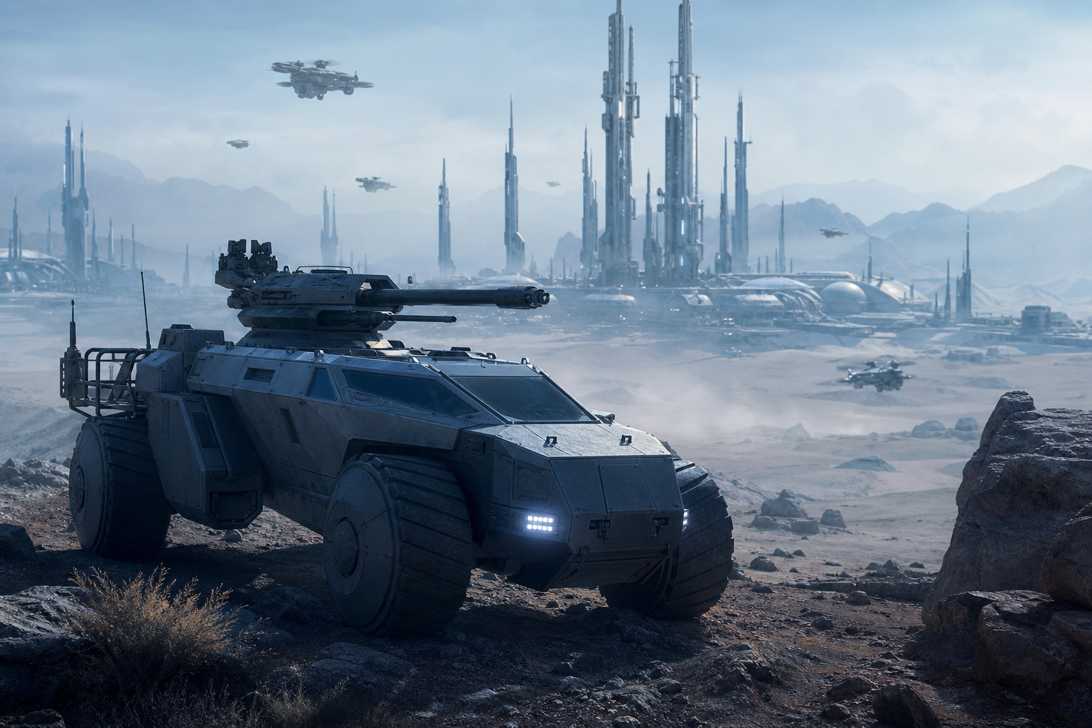 Futuristic Armored Vehicle In Desert Military Wallpaper  1 4K