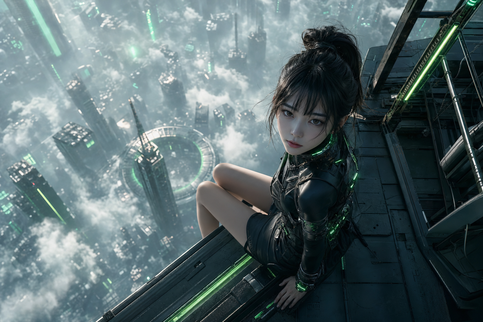 Futuristic Rooftop City View Ai-Girls Wallpaper  9 4K
