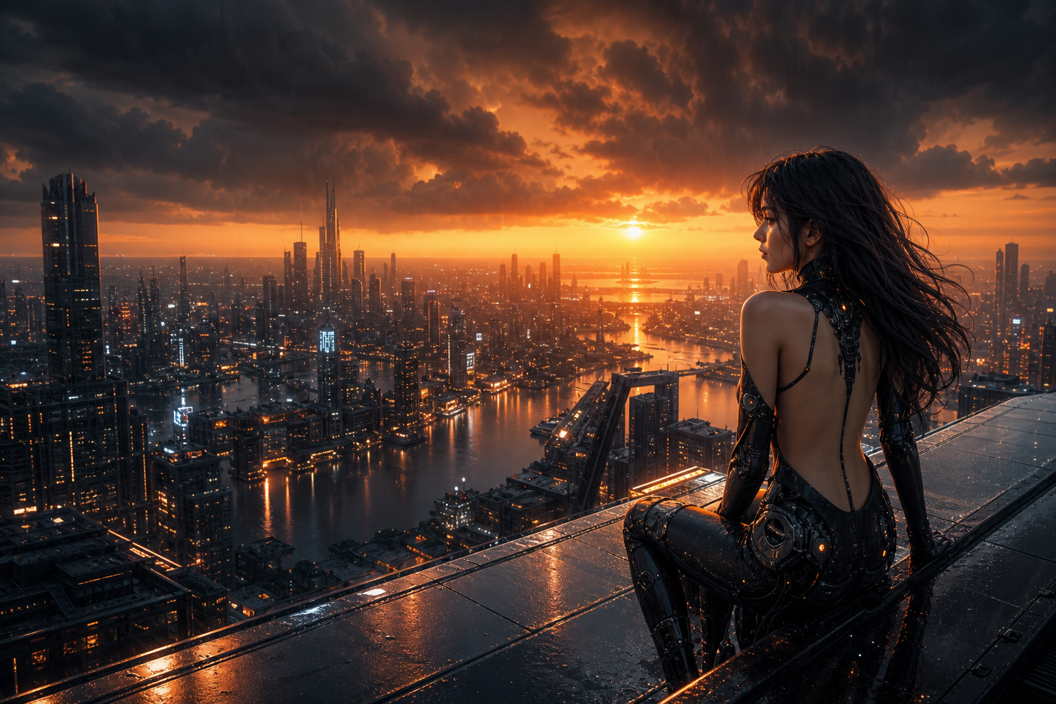 Futuristic Rooftop City View Ai-Girls Wallpaper  9 4K