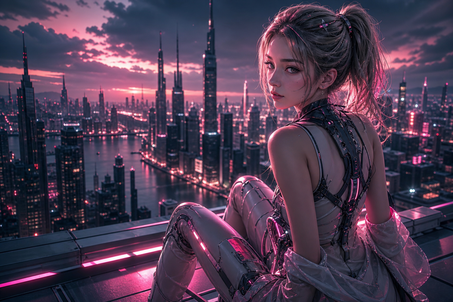 Futuristic Rooftop City View Ai-Girls Wallpaper  9 4K