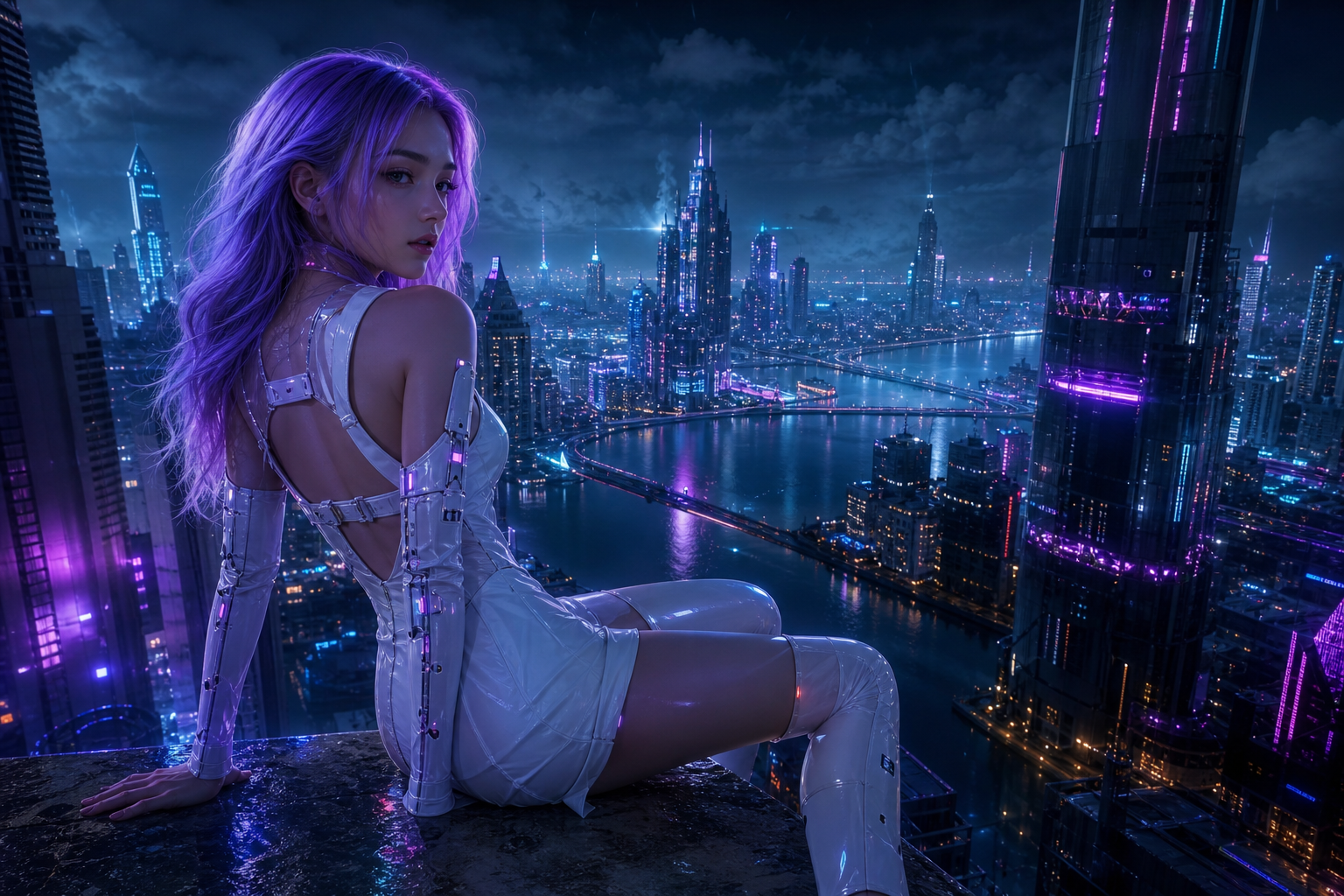 Futuristic Rooftop City View Ai-Girls Wallpaper  9 4K