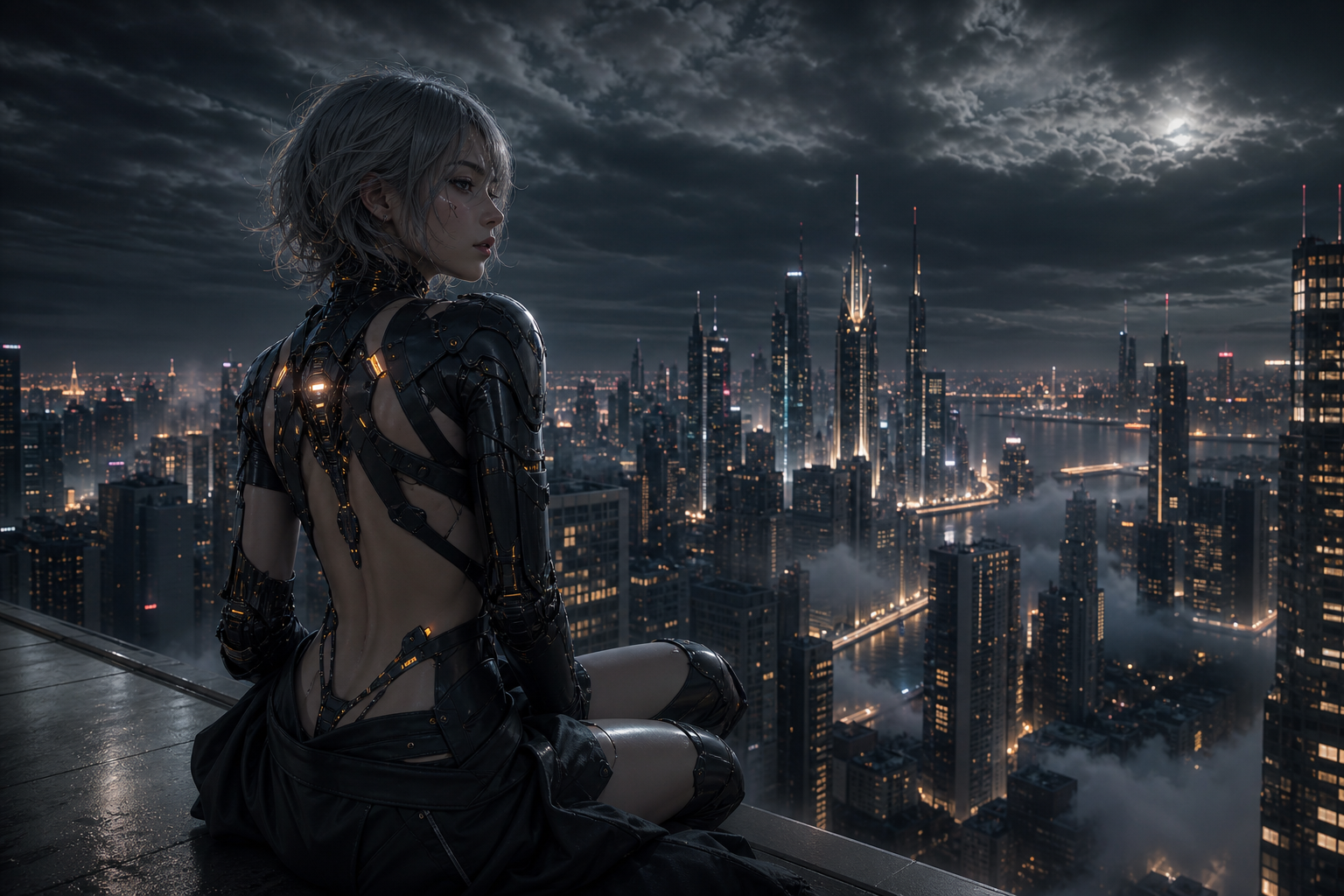 Futuristic Rooftop City View Ai-Girls Wallpaper  9 4K