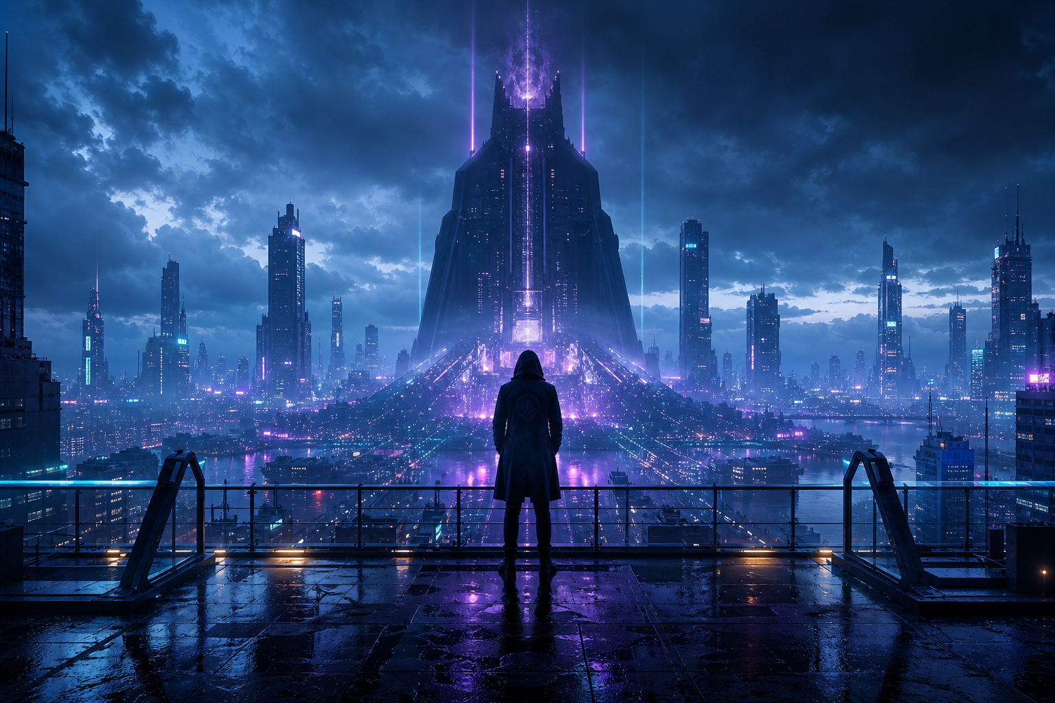 Futuristic Rooftop City View Cyberpunk Wallpaper  9 4K