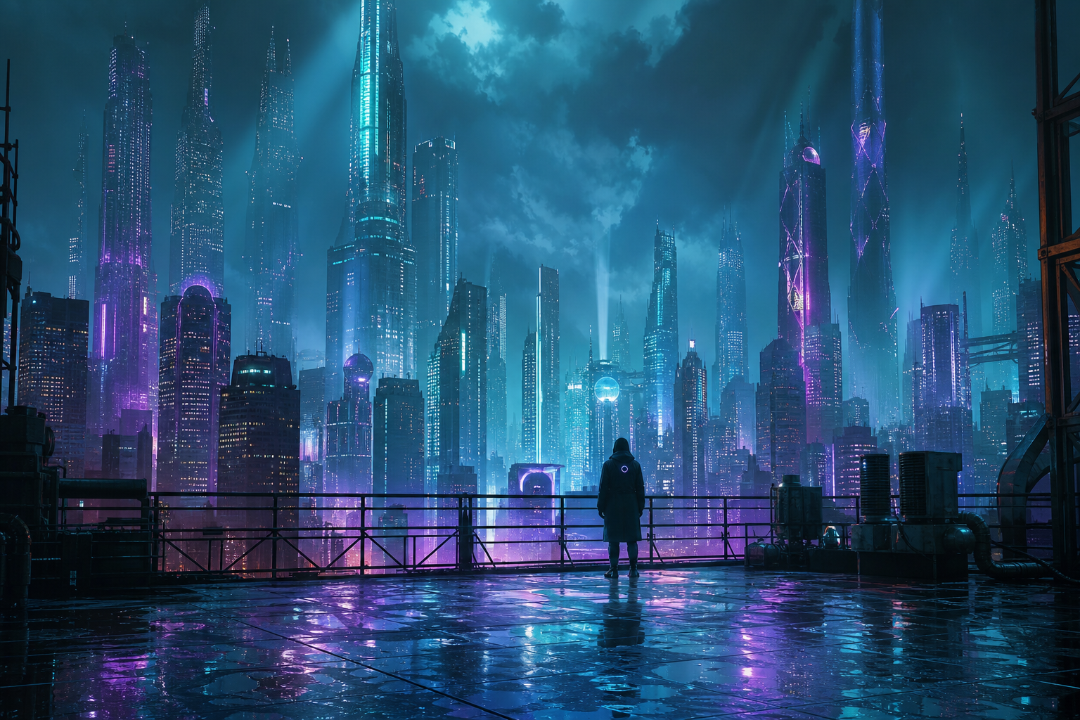 Futuristic Rooftop City View Cyberpunk Wallpaper  9 4K
