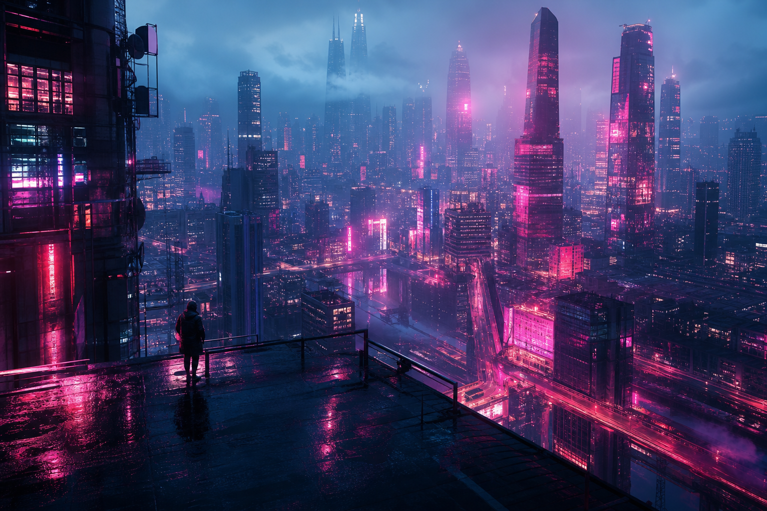 Futuristic Rooftop City View Cyberpunk Wallpaper  9 4K