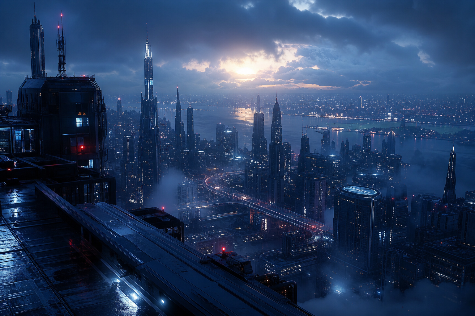 Futuristic Rooftop City View Cyberpunk Wallpaper  9 4K