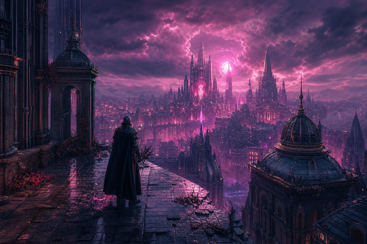 Futuristic Rooftop City View Fantasy Wallpaper  9 4K