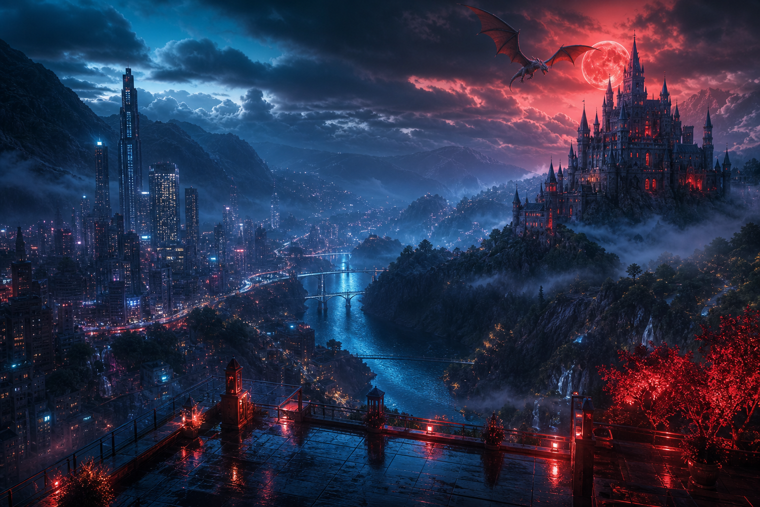 Futuristic Rooftop City View Fantasy Wallpaper  9 4K