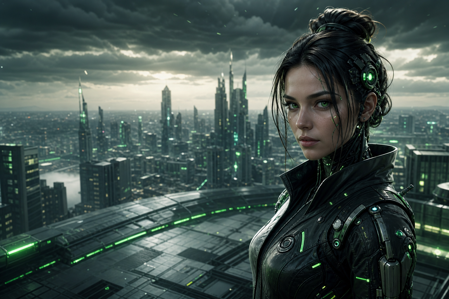 Futuristic Rooftop City View Female-Androids Wallpaper  9 4K