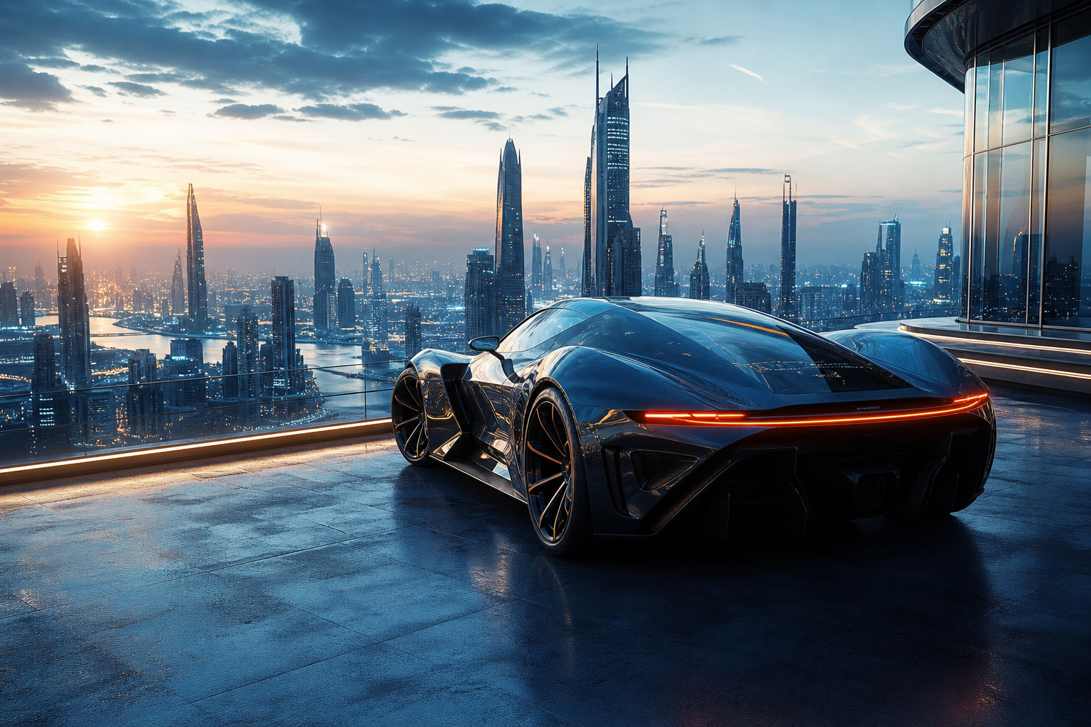 Futuristic Rooftop City View Supercars Wallpaper  9 4K