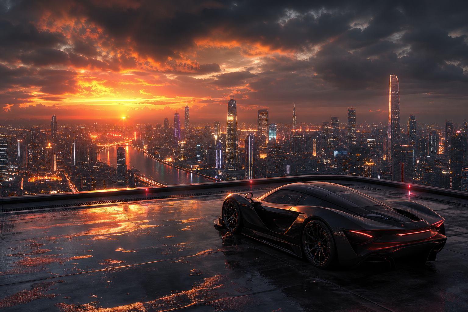Futuristic Rooftop City View Supercars Wallpaper  9 4K