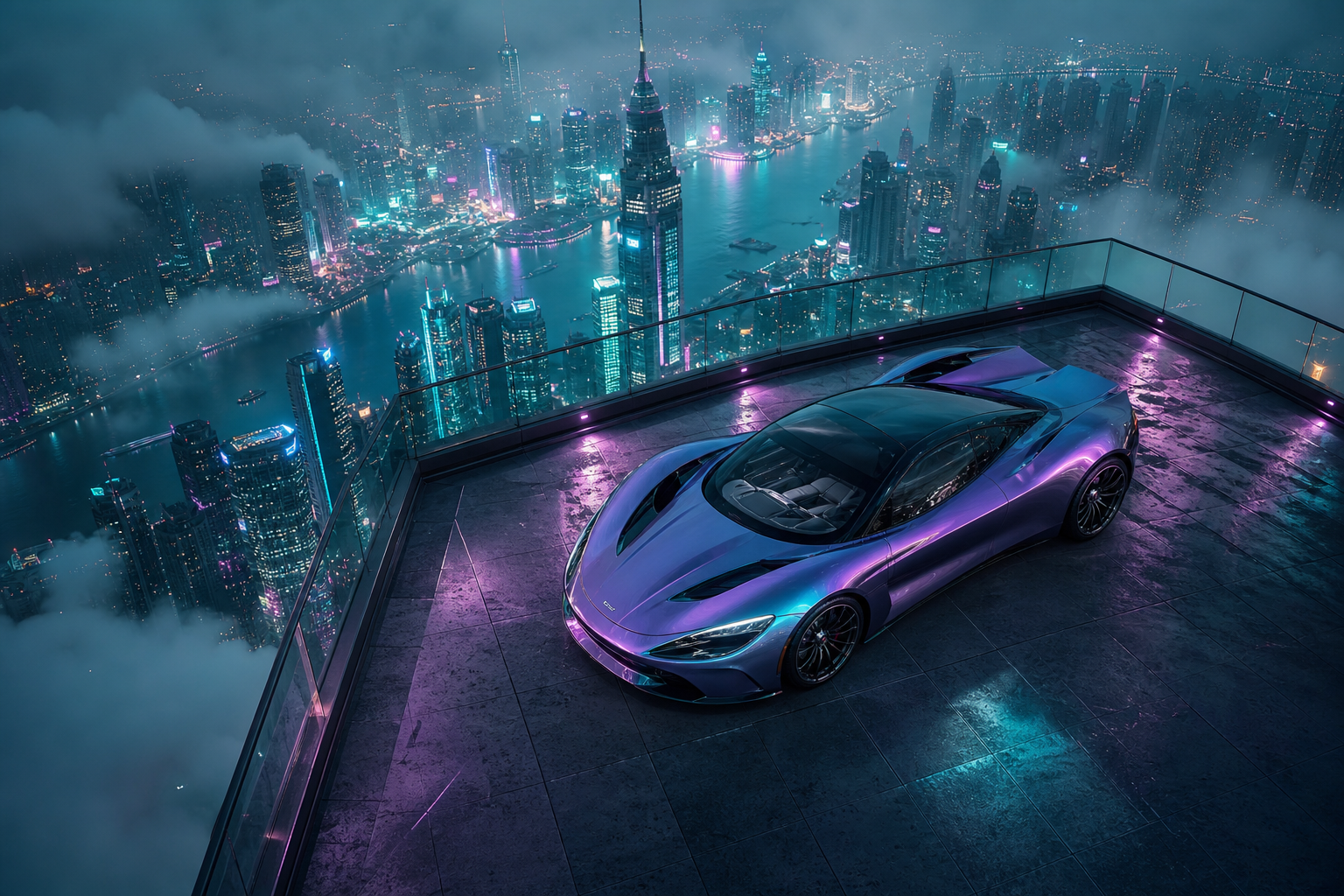 Futuristic Rooftop City View Supercars Wallpaper  9 4K