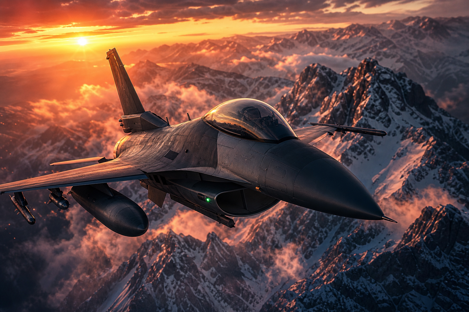 Modern Fighter Jet Above Snow Covered Mountains At Sunrise Airplanes Wallpaper  1 4K