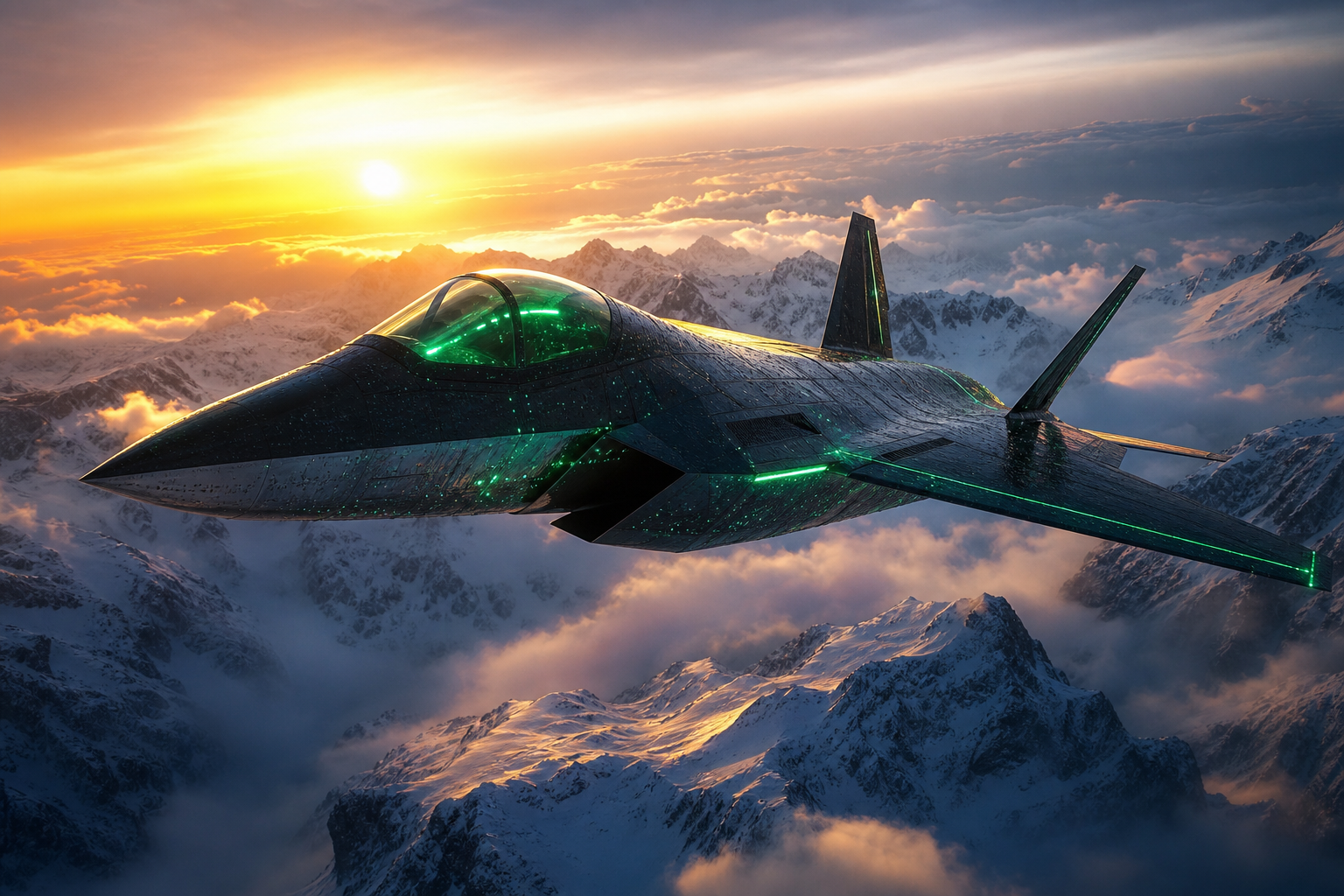 Modern Fighter Jet Above Snow Covered Mountains At Sunrise Airplanes Wallpaper  1 4K