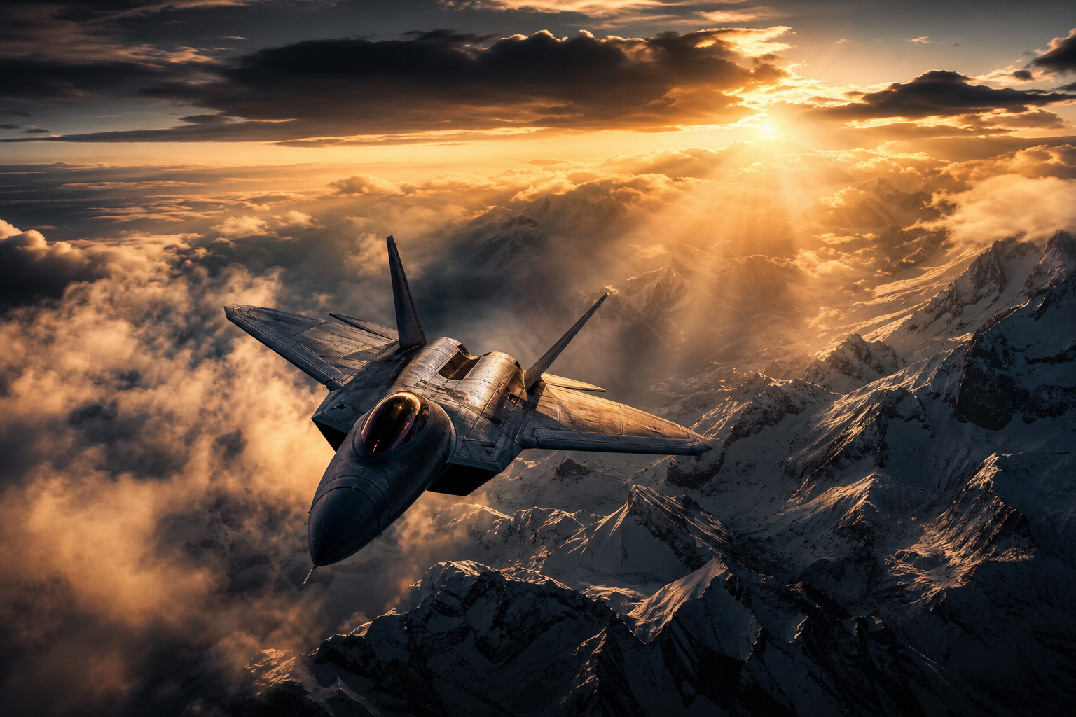 Modern Fighter Jet Above Snow Covered Mountains At Sunrise Airplanes Wallpaper  1 4K