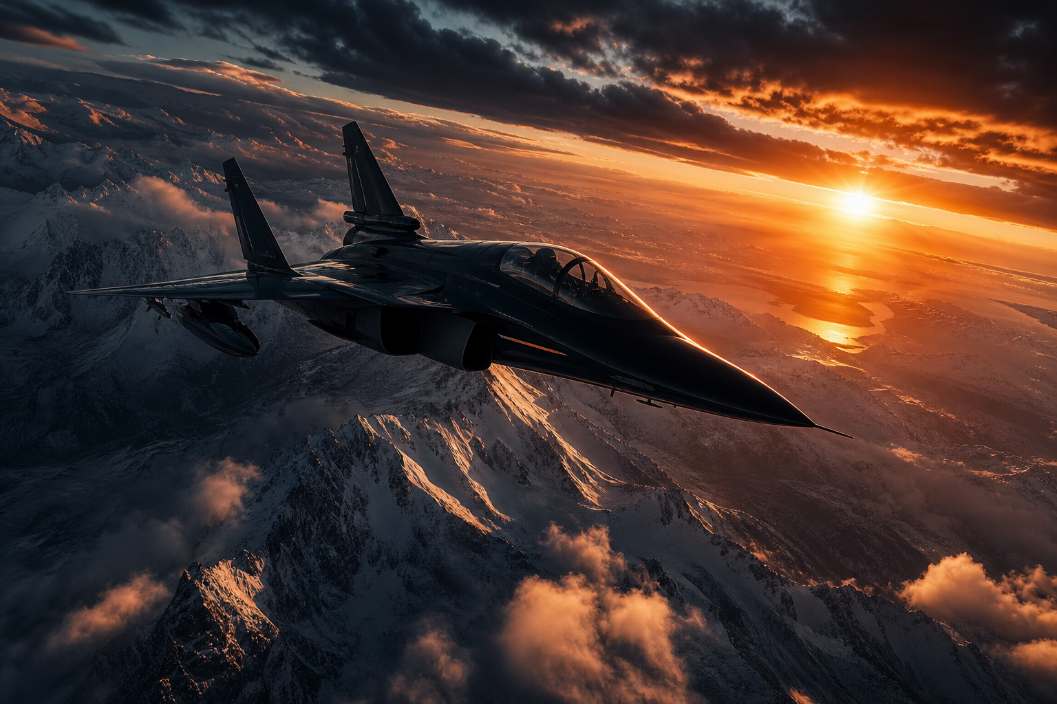 Modern Fighter Jet Above Snow Covered Mountains At Sunrise Airplanes Wallpaper  1 4K