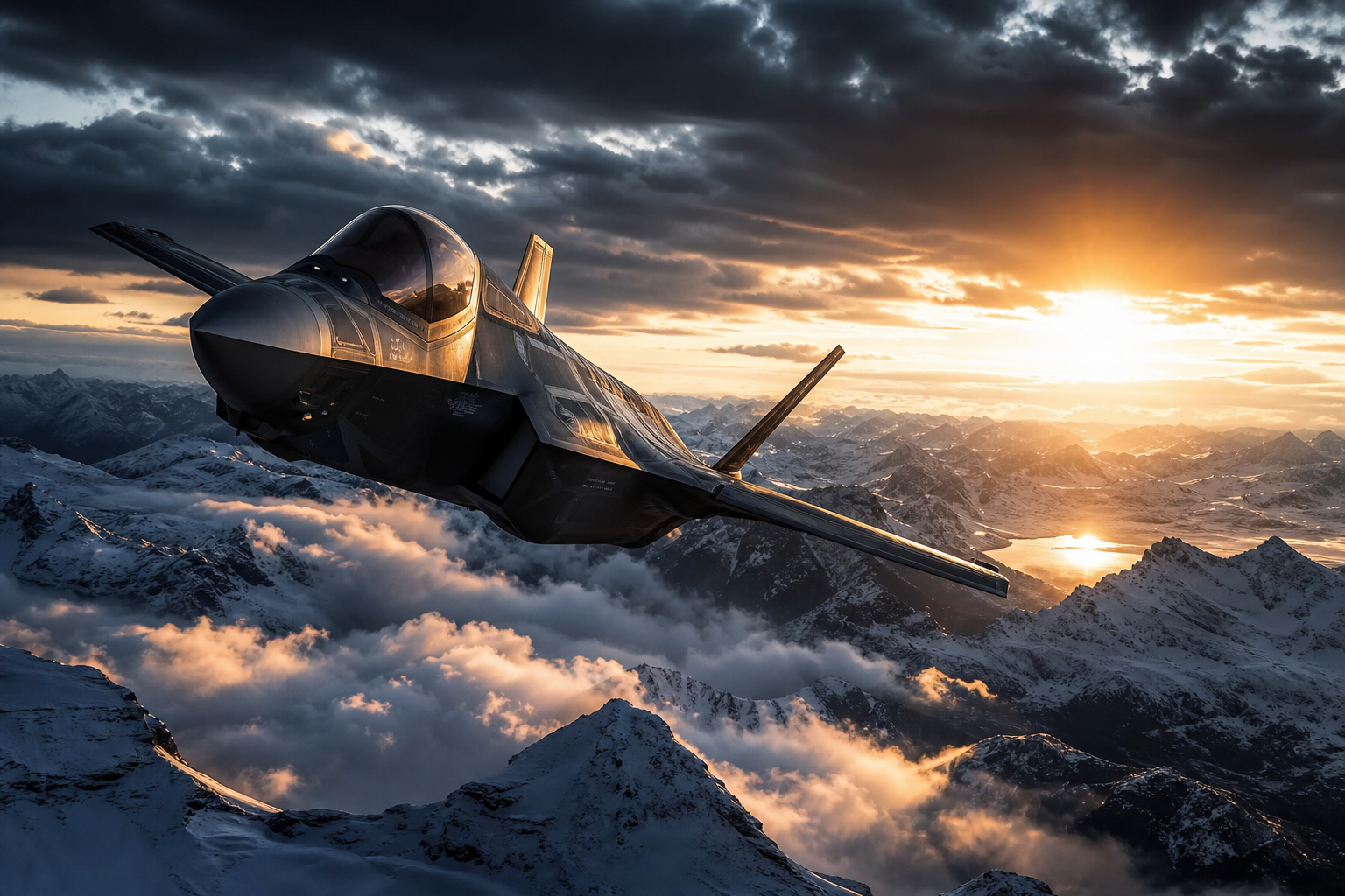 Modern Fighter Jet Above Snow Covered Mountains At Sunrise Airplanes Wallpaper  1 4K