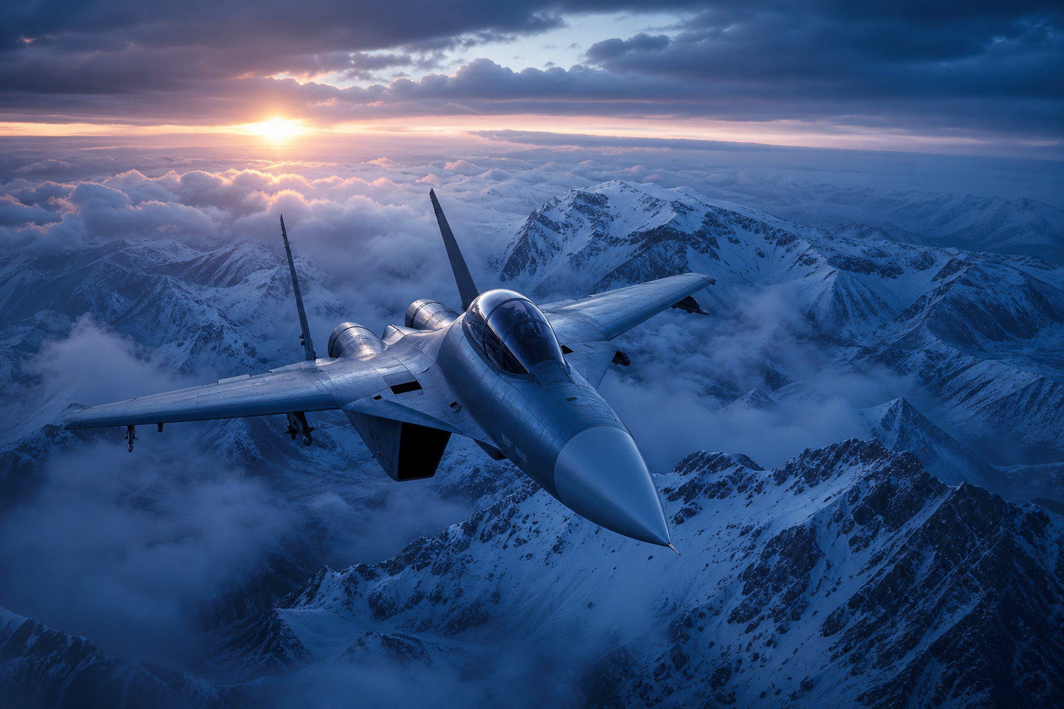 Modern Fighter Jet Above Snow Covered Mountains At Sunrise Airplanes Wallpaper  1 4K