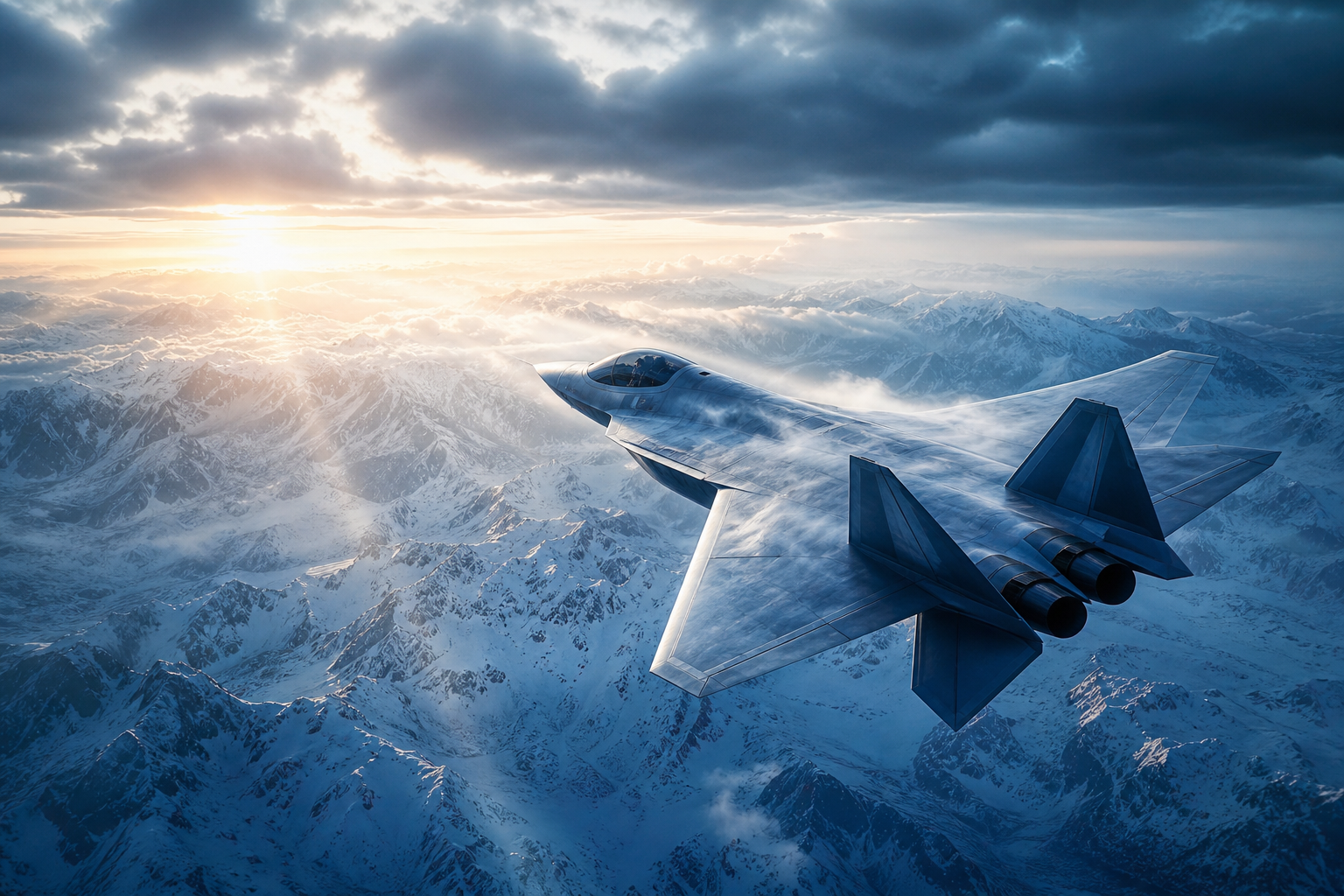 Modern Fighter Jet Above Snow Covered Mountains At Sunrise Airplanes Wallpaper  1 4K