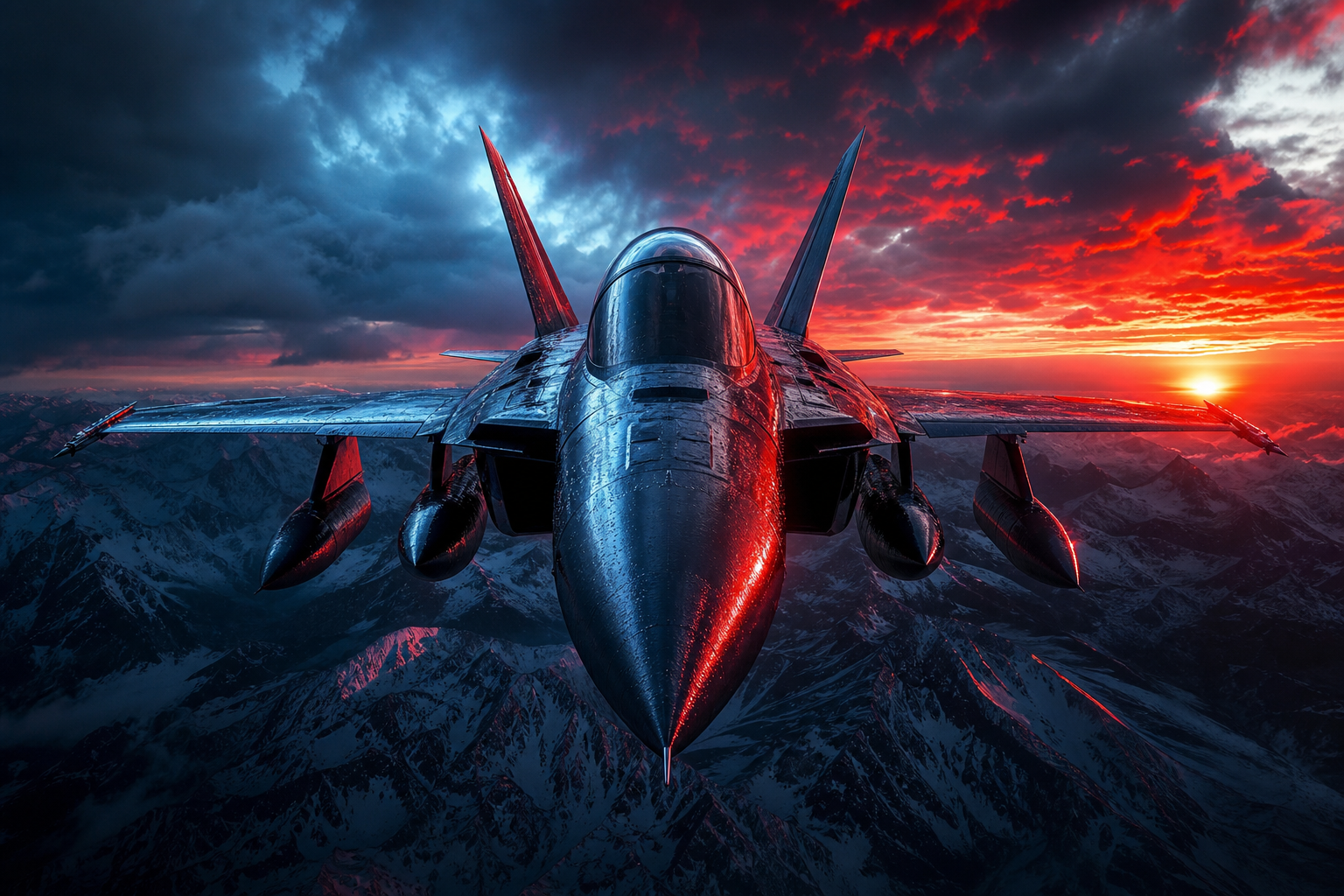 Modern Fighter Jet Above Snow Covered Mountains At Sunrise Airplanes Wallpaper  1 4K
