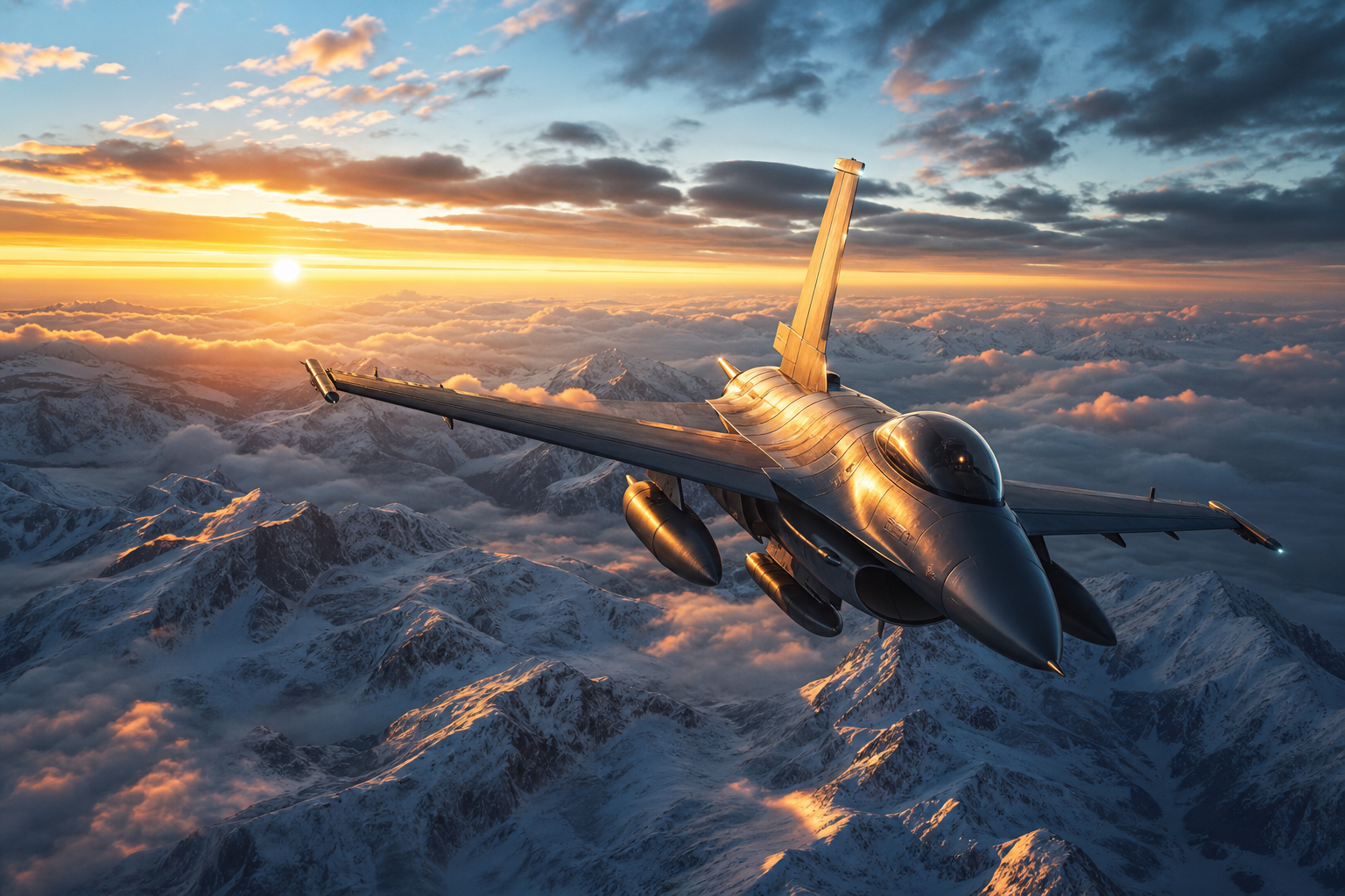Modern Fighter Jet Above Snow Covered Mountains At Sunrise Airplanes Wallpaper  1 4K
