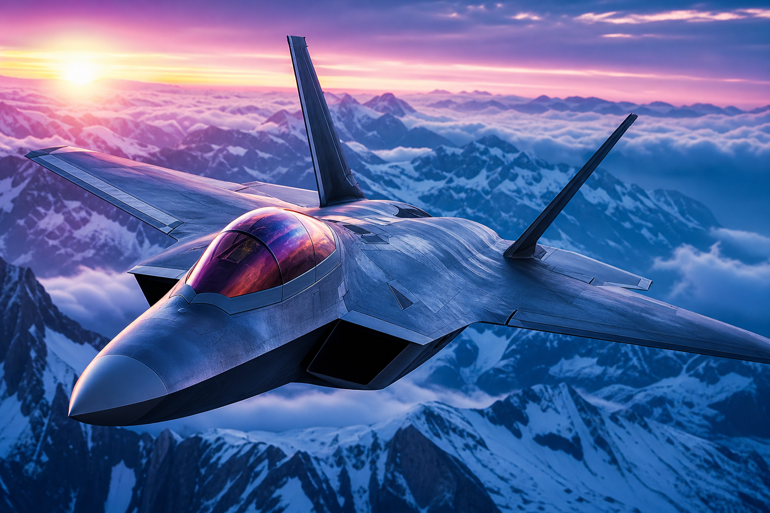Modern Fighter Jet Above Snow Covered Mountains At Sunrise Airplanes Wallpaper  1 4K
