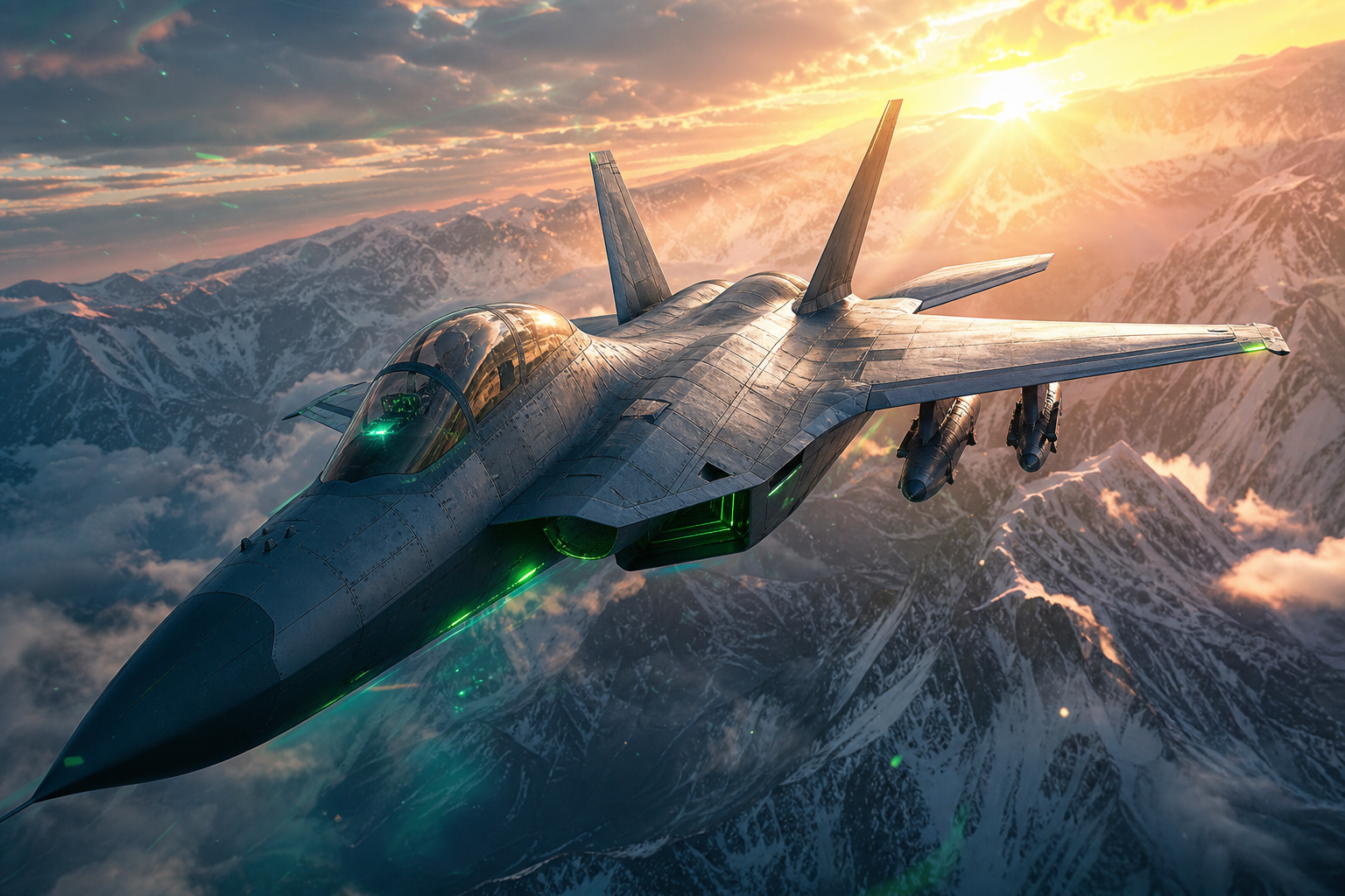 Modern Fighter Jet Above Snow Covered Mountains At Sunrise Airplanes Wallpaper  1 4K