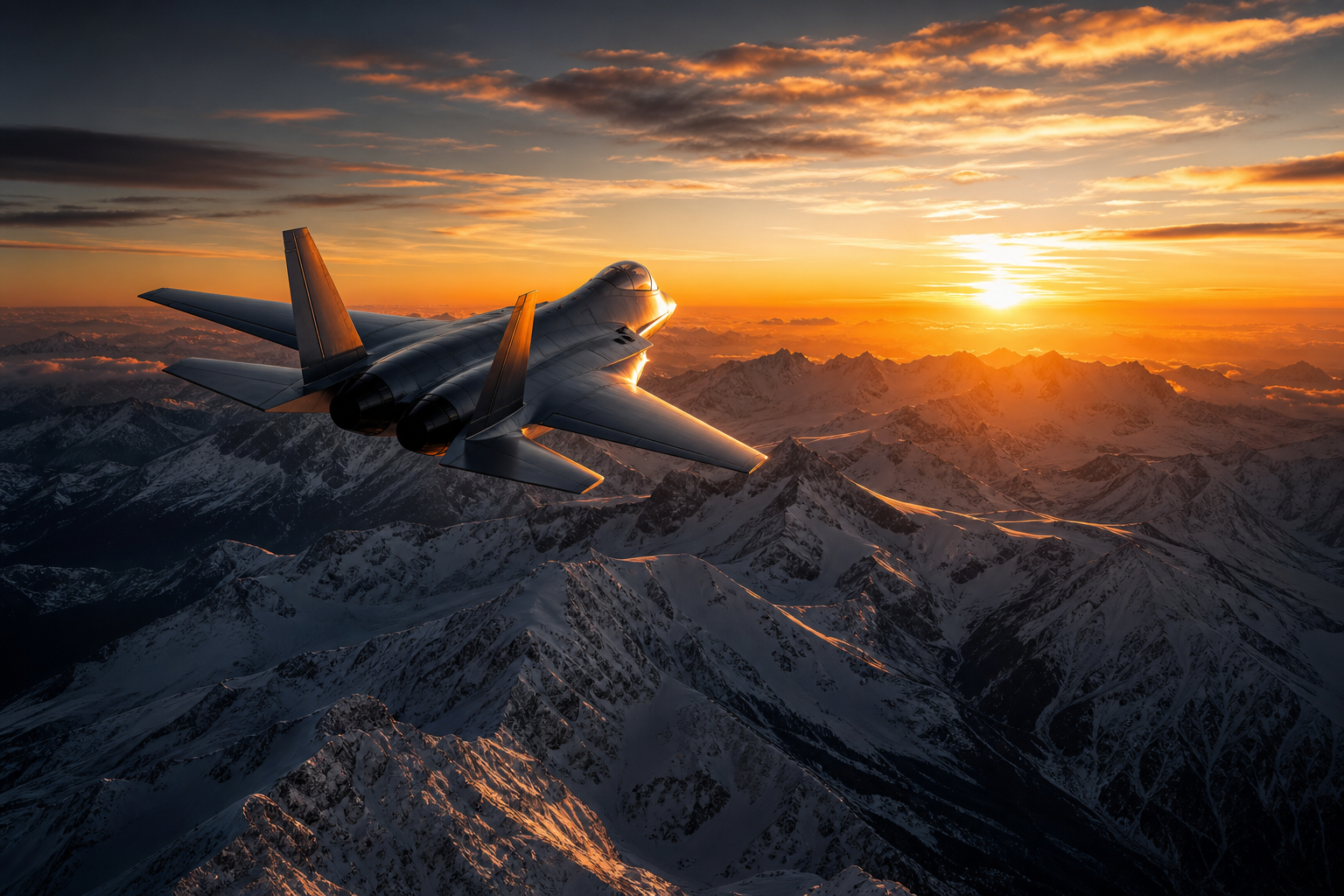 Modern Fighter Jet Above Snow Covered Mountains At Sunrise Airplanes Wallpaper  1 4K