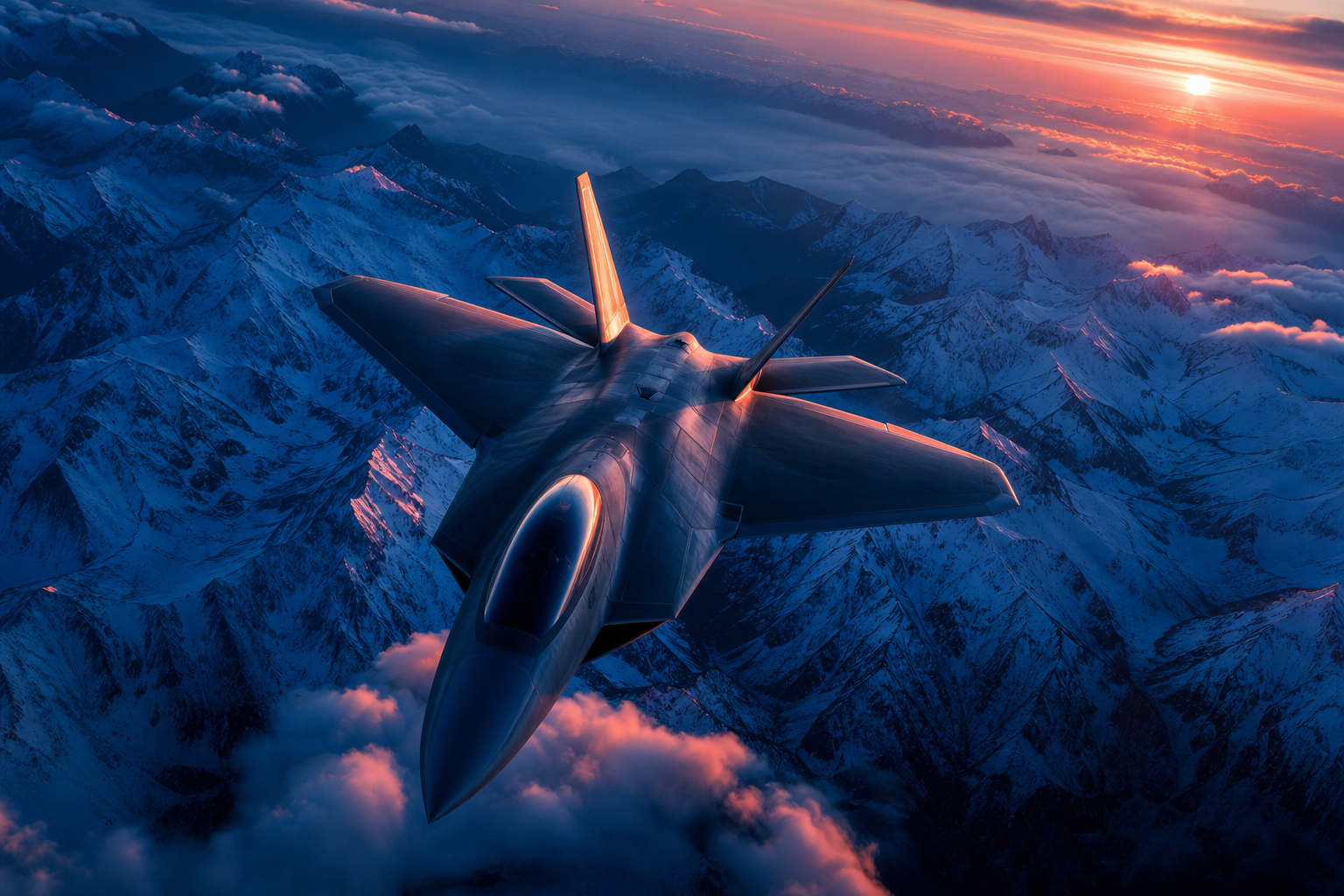 Modern Fighter Jet Above Snow Covered Mountains At Sunrise Airplanes Wallpaper  1 4K