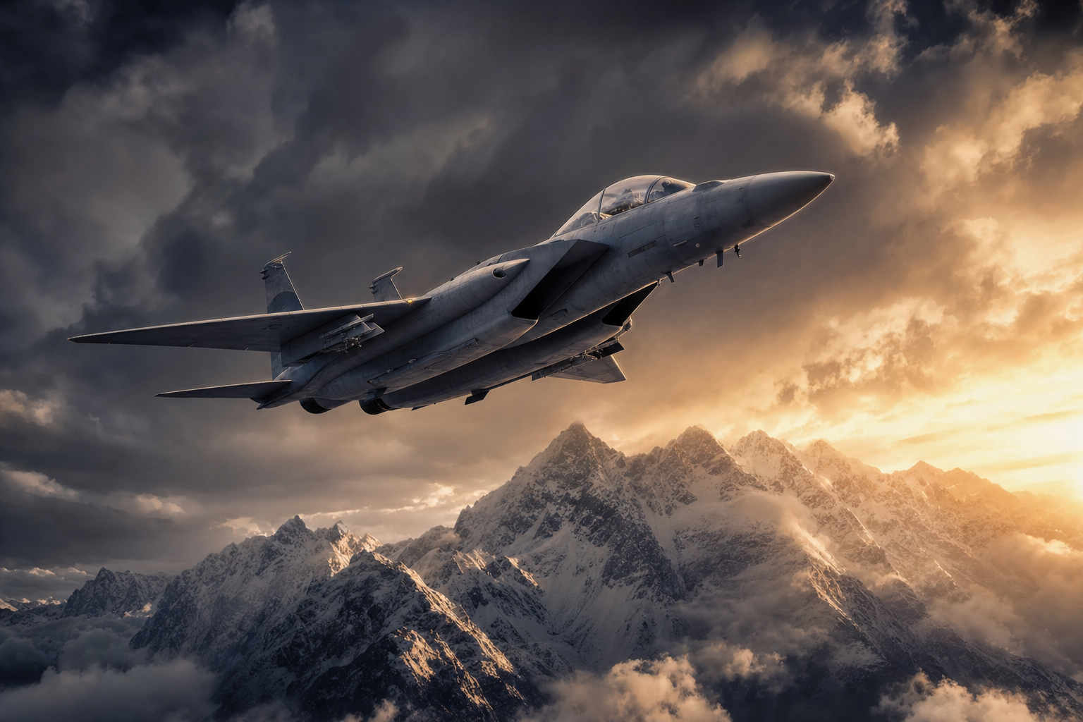 Modern Fighter Jet Above Snow Covered Mountains At Sunrise Airplanes Wallpaper  1 4K
