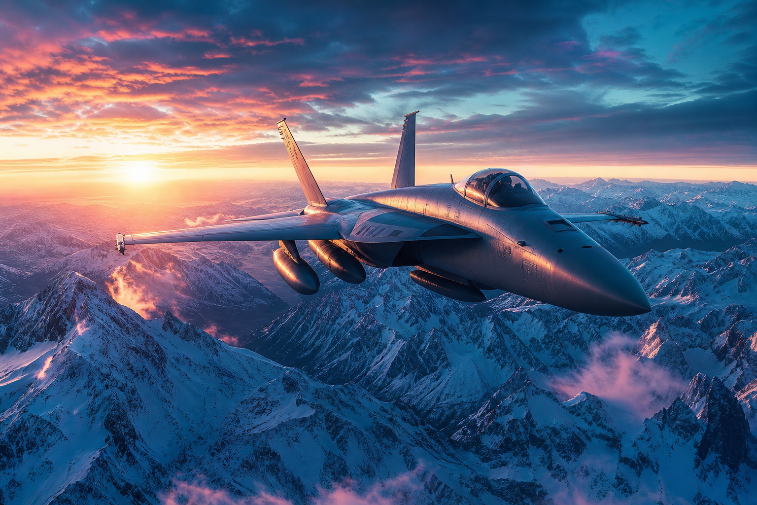 Modern Fighter Jet Above Snow Covered Mountains At Sunrise Airplanes Wallpaper  1 4K