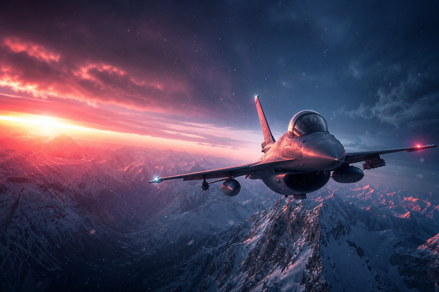 Modern Fighter Jet Above Snow Covered Mountains At Sunrise Airplanes Wallpaper  1 4K