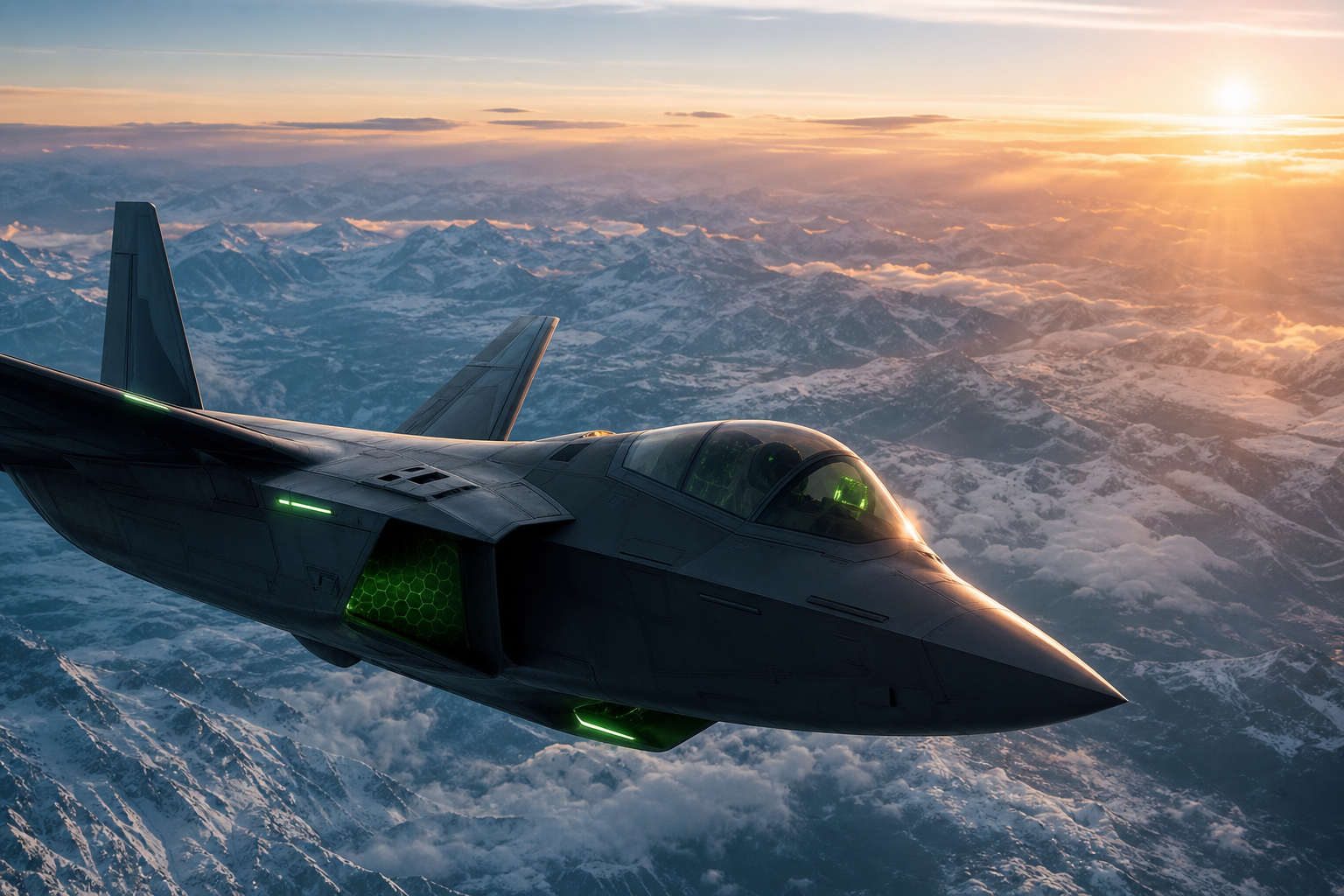 Modern Fighter Jet Above Snow Covered Mountains At Sunrise Airplanes Wallpaper  1 4K